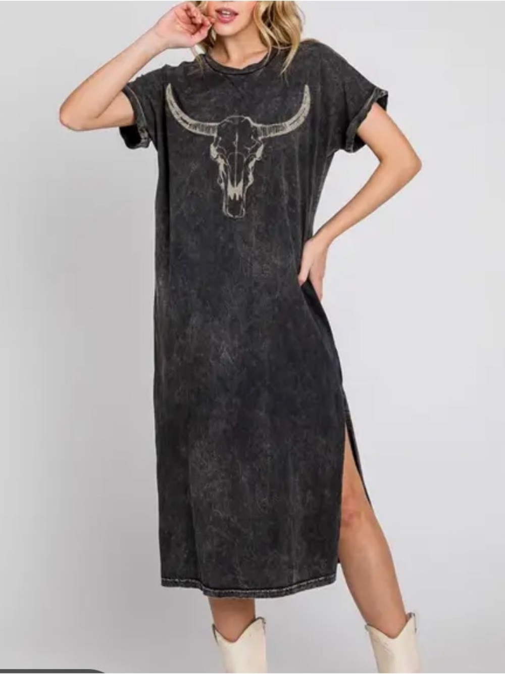 Zutter Western Bull Skull T-Shirt Midi Dress Side Slit M/L Black